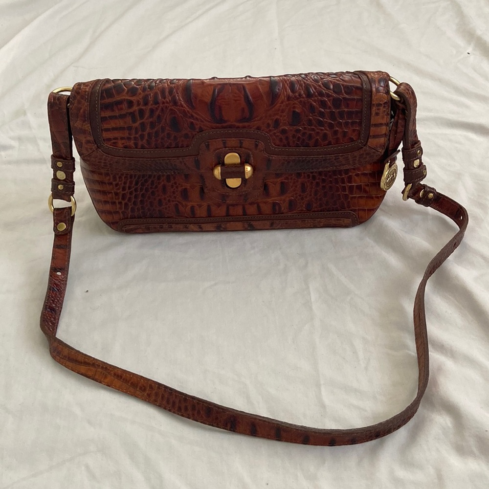 RARE Retired Brahmin Pecan Melbourne Embossed Baguette Shoulder Bag Turn Lock